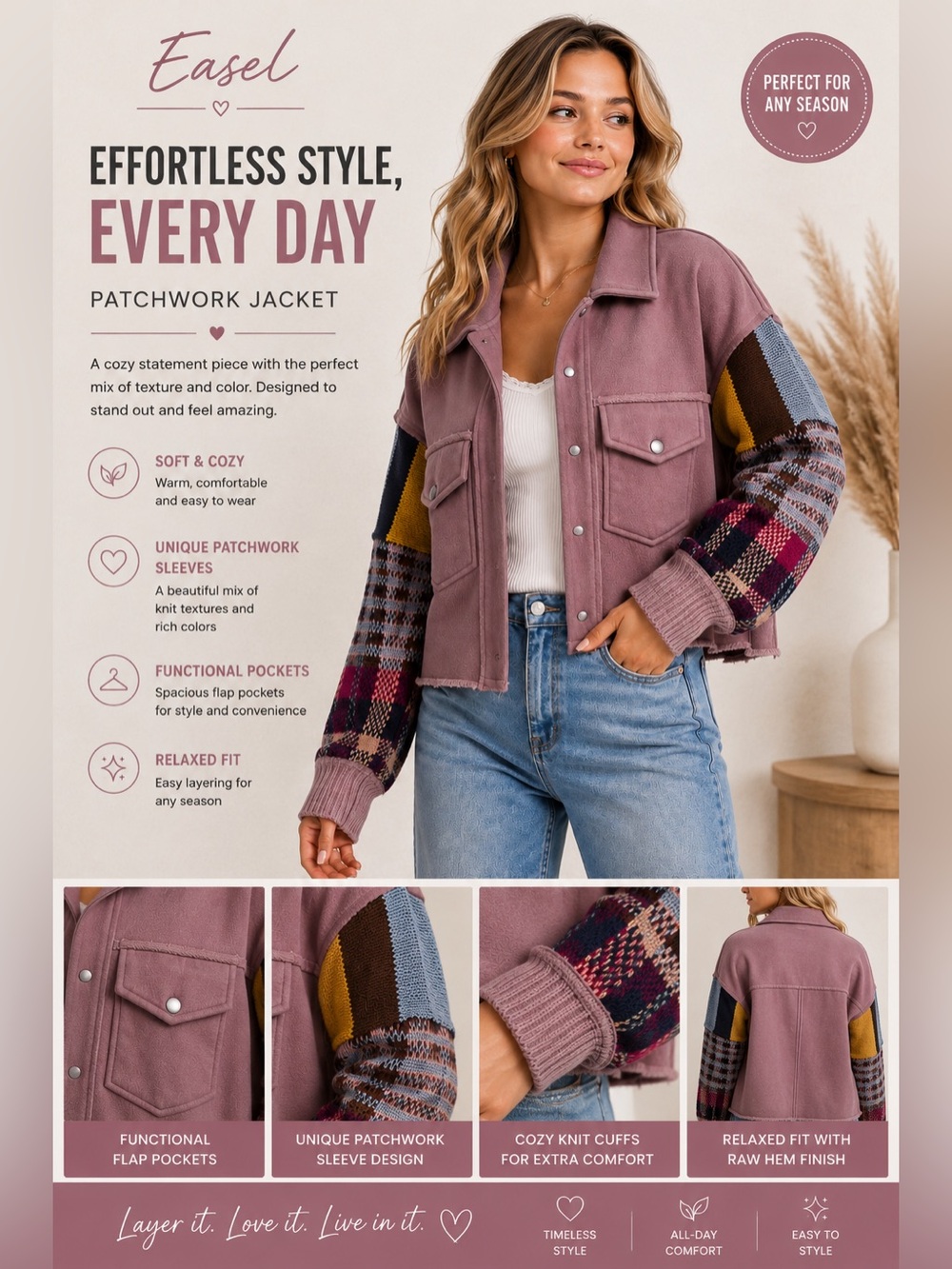 Easel Knit Fleece Button Down Jacket Dusty Rose Oversized Small